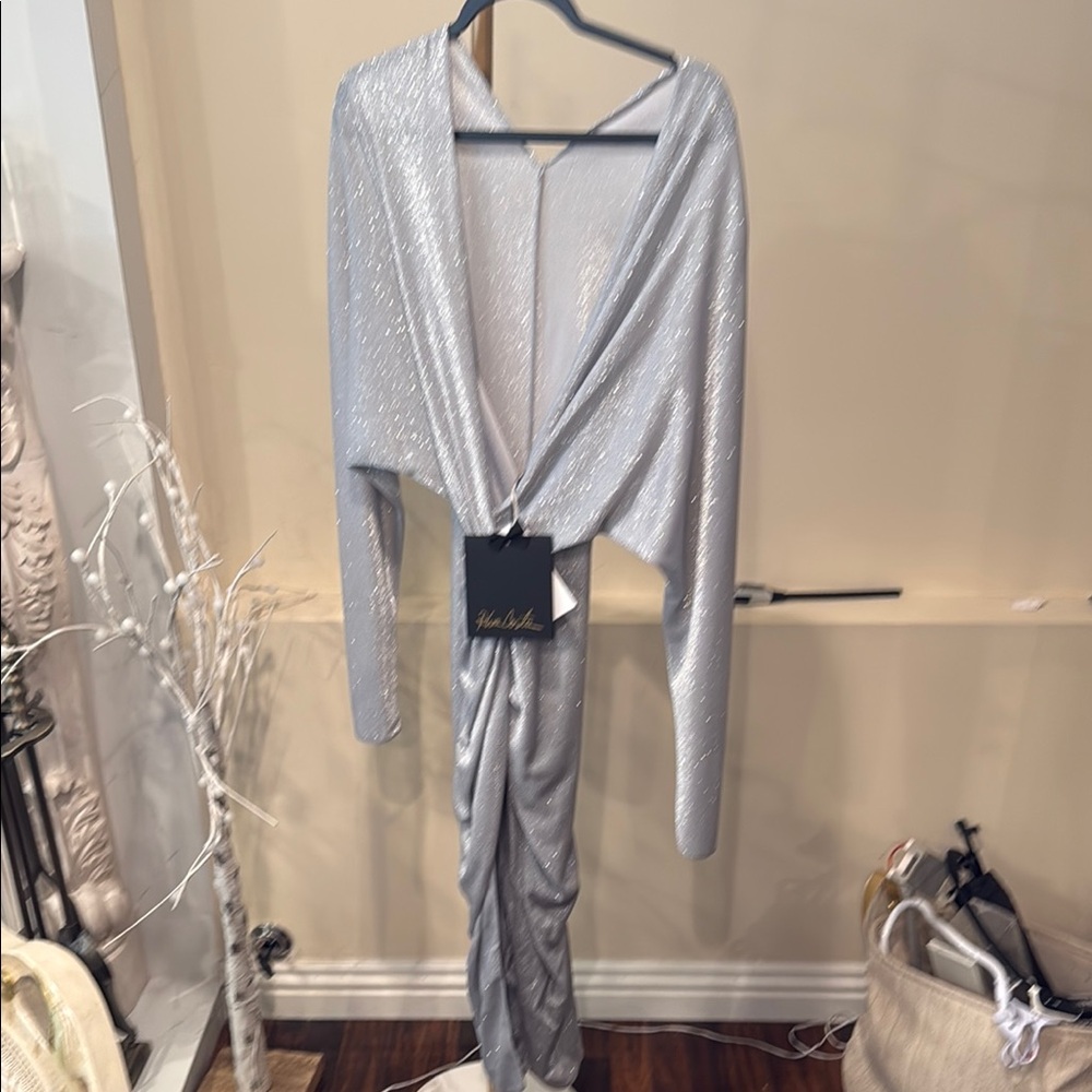 Rhea Costa Silver Sparkle Draped Midi Dress